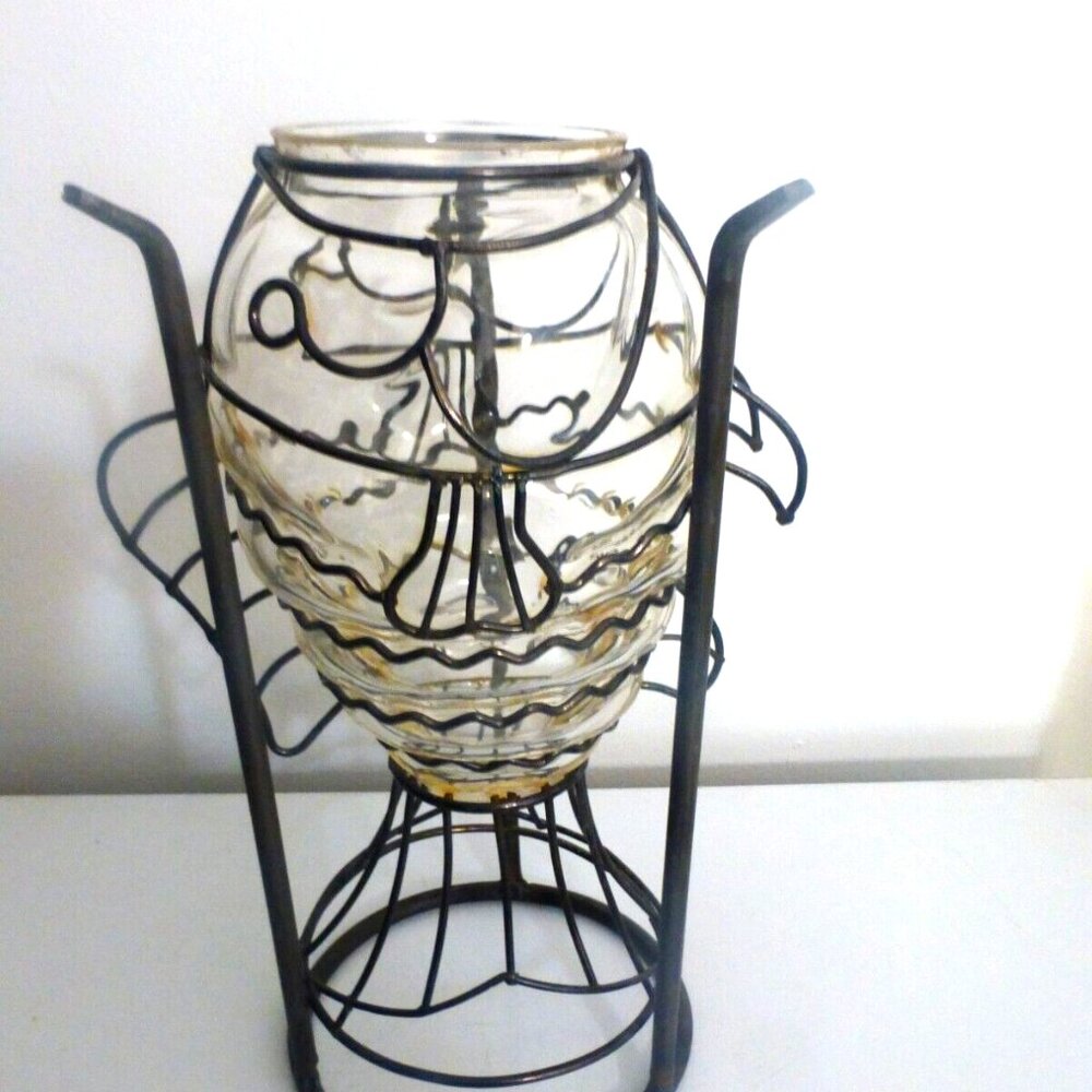 BNF - 10" Metal Caged GLASS FISH Vase or Candle Holder Fishing Nautical